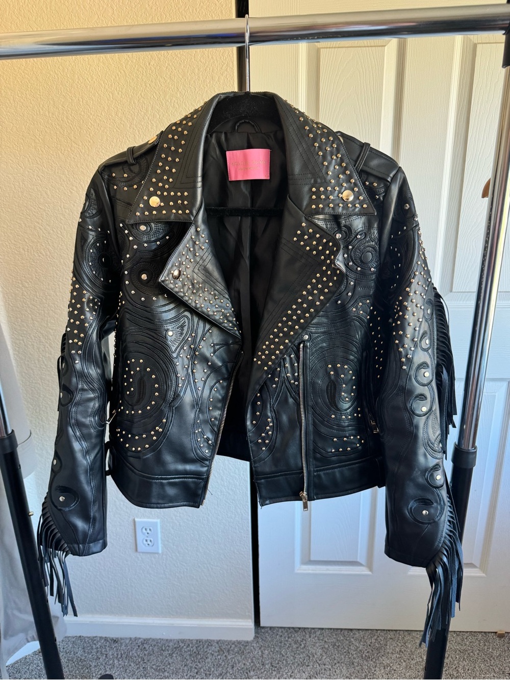 AZALEA WANG VEGAN LEATHER STUDDED FRINGE WESTERN ROCKSTAR JACKET SZ XL